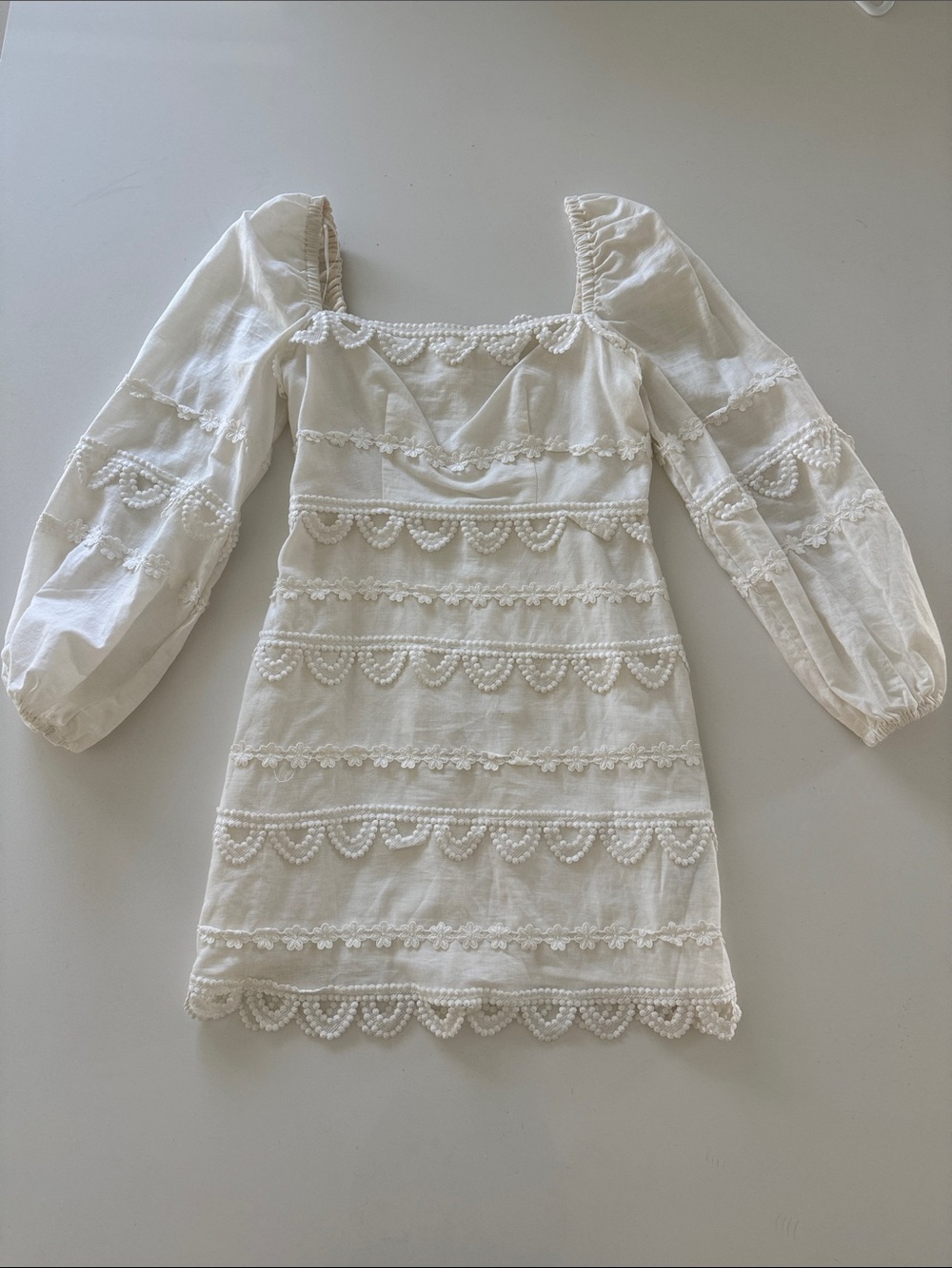 Ivory Lace-Trim Puff Sleeve Formal Dress